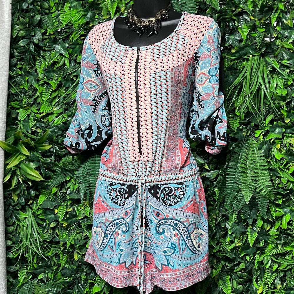 BCBGMAXAZRIA Shorts Romper Small Blue Pink Paisley Print Zipper Front 3736